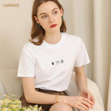 CANVAUS2024夏季新款印花短袖t恤女显瘦圆领棉质白色卡通内搭上衣P1170A