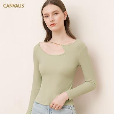 CANVAUS2024新款圆领镂空设计感纯色打底衫女长袖修身韩风内搭气质上衣潮FS589A