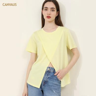 CANVAUS设计款2024夏季新款小众T恤女棉质纯色开叉圆领短袖韩版宽松上衣潮K1165A