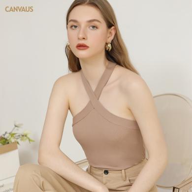 CANVAUS挂脖式吊带背心女打底外穿2024夏季新款修身针织螺纹短款女装上衣VS106A