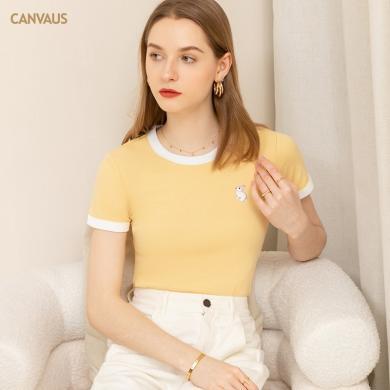 CANVAU欧洲站2024夏季新款女装短袖奶黄色T恤女绣花圆领棉质上衣P1144A
