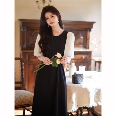 艾米恋 2024年夏季新款法式显瘦连衣裙女精致气质浪漫复古黑色裙子X-HM9911