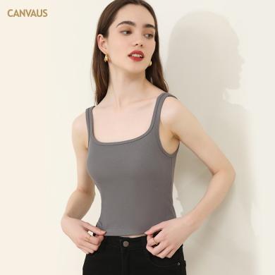 CANVAUS2024夏季新款纯色带胸垫方领短款外穿内搭露脐修身免穿文胸背心吊带女VS117A