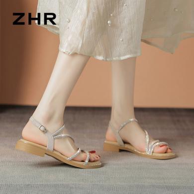 ZHR水钻平底凉鞋女夏季新款一字带编织罗马外穿仙女风配裙子BL231