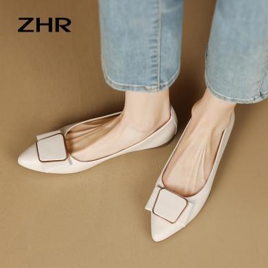 ZHR则则二层牛皮单鞋女尖头新款浅口平底气质一脚蹬不累脚软底真皮女鞋SA18771