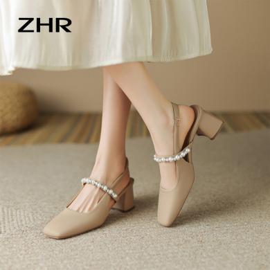 ZHR包头凉鞋女夏季新款粗跟浅口单鞋法式珍珠玛丽珍鞋方头高跟鞋BL133M