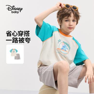 迪士尼童装女童男童针织撞色短袖套装2024夏装新款儿童户外运动两件套DB421UE12