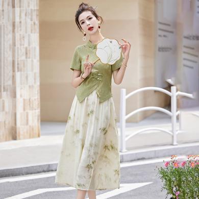 轩品媛 夏装时尚优雅g风复古盘扣小衫印花半身裙两件套套裙 HMQY5309