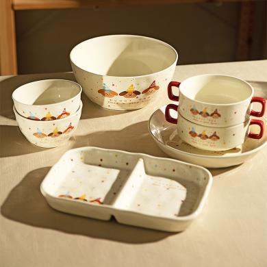 摩登主妇三只小可爱早餐盘儿童碗家用餐具分格盘米饭碗盘子双耳碗