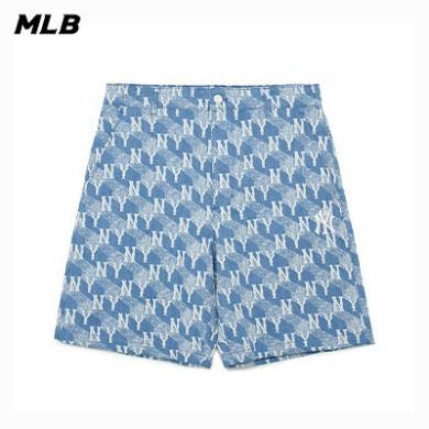 【2-3天发货】MLB几何老花短裤夏季透气休闲裤天蓝色牛仔裤H-3LDPM0433
