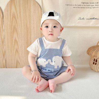 Peninsula Baby婴儿夏装短袖新生儿衣服薄款婴儿连体衣背带刺绣小象夏季婴儿衣服