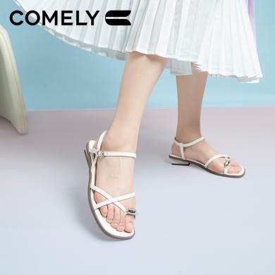 康莉KYQ2K351羊皮凉鞋女2024夏季新款时尚法式方头仙女风外穿平底凉鞋