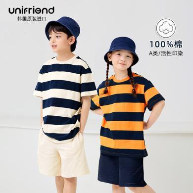 unifriend男童套装休闲夏季新款女童韩版圆领短袖外出服两件套装