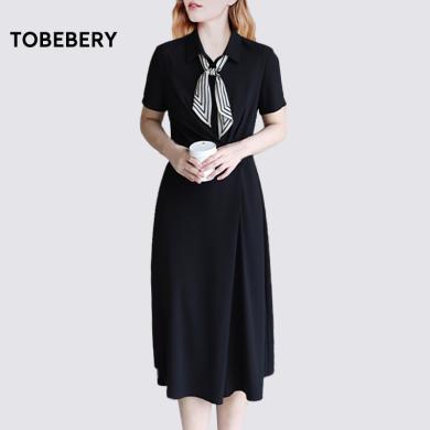 tobebery夏季新款黑色收腰显瘦短袖衬衫连衣裙女不规则中长款A字裙子