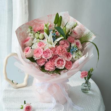 温柔岁月 鲜花全国同城配送洛神玫瑰与粉康花束送女友母亲长辈