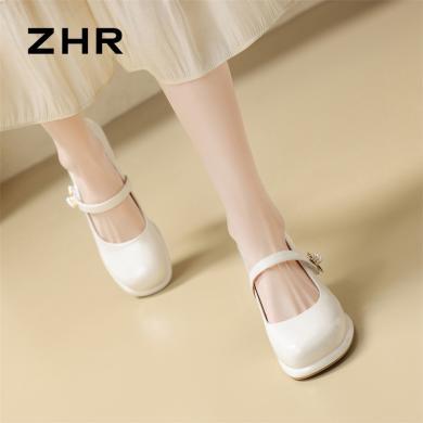 ZHR法式玛丽珍鞋女士新款春季小香风珍珠高跟鞋气质浅口白色单鞋EH55