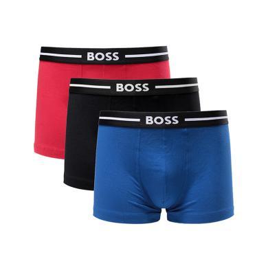 【支持购物卡】HUGO BOSS雨果博斯男士徽标腰带黑蓝红三色棉质舒适平角内裤三件套装 香港直邮