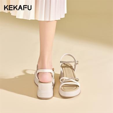 珂卡芙法式坡跟凉鞋女2024新款夏季外穿白色配裙子增高一字带鞋子XK2402149