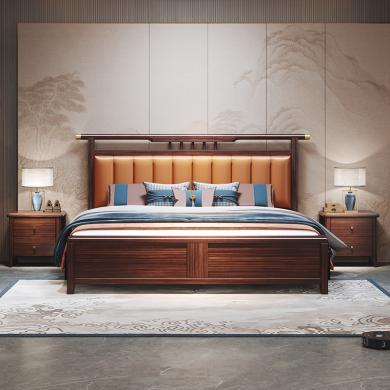 皇家密码新中式床乌金木1.8米双人实木床现代中式轻奢卧室软靠床气压高箱床1.5m