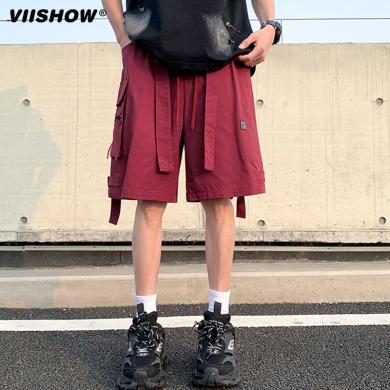 VIISHOW美式高街冰丝褶皱工装短裤男夏季薄款青少年过膝六分裤KDX2405242