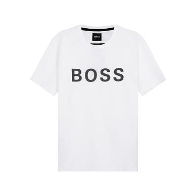 【支持购物卡】HUGO BOSS雨果博斯男士格雷系黑色LOGO图案简约百搭棉质圆领白色短袖T恤 香港直邮