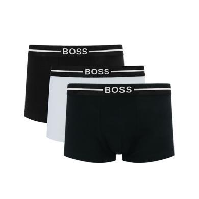 【支持购物卡】HUGO BOSS雨果博斯男士徽标腰带白色黑色棉质平角内裤三件套装 香港直邮