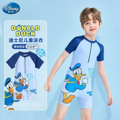 迪士尼儿童泳衣男夏季新款连体唐老鸭游泳衣小中大童游泳套装