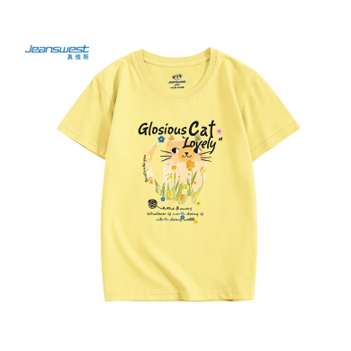 真维斯【女童T恤】纯棉短袖圆领t恤女童夏装新款印刷趣味卡通猫上衣-KD-32-673A14