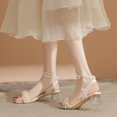 ZHR一字带凉鞋女夏新款法式气质珍珠仙女风配裙子粗跟透明高跟鞋JF28