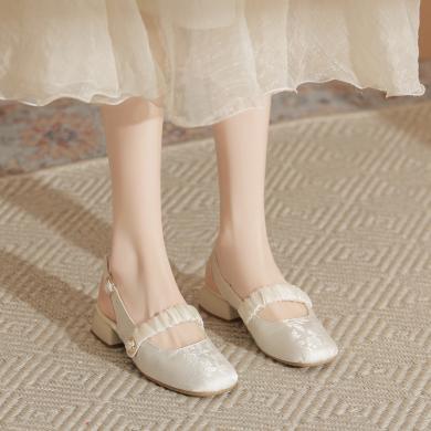 ZHR包头凉鞋女新款夏季新中式一字带玛丽珍鞋配裙子舒适粗跟单鞋CG87