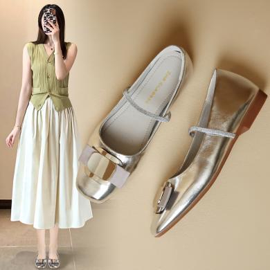 ZHR银色玛丽珍女鞋夏季新款真皮法式浅口一字低跟单鞋配裙子AH512
