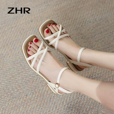 ZHR粗跟凉鞋女夏季新款法式中跟一字带仙女风外穿罗马鞋子女Y761M