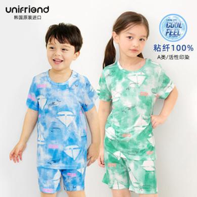 unifriend2024韩国夏季儿童睡衣套装柔软短袖冰丝家居服五分套装