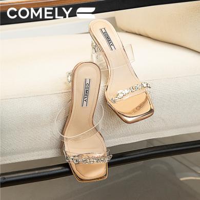 康莉KYQ2K330方头拖鞋女2024年夏季新款时尚水钻透明高跟精致仙女风高级感