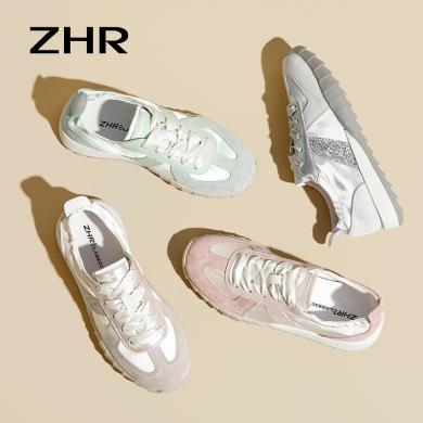 ZHR复古芭蕾德训鞋女夏季新款透气小白鞋真皮休闲银色运动鞋QS08