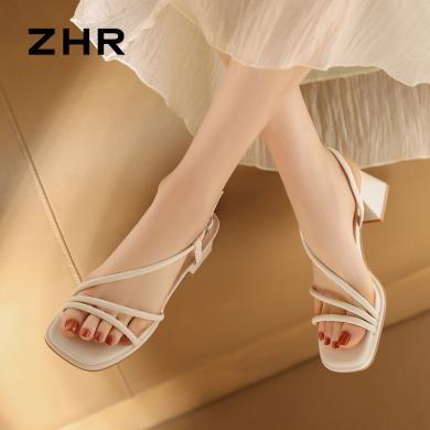 ZHR粗跟凉鞋女夏季新款软底方头气质法式高跟鞋仙女风晚晚鞋BL238
