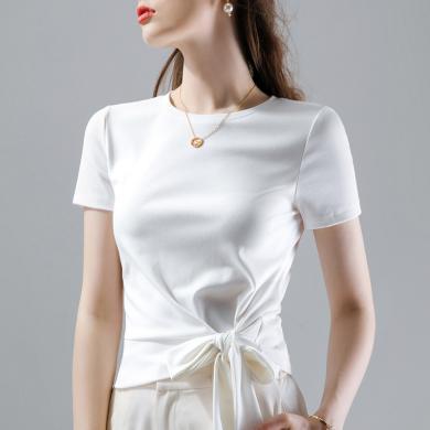 丹语 纯色短袖t恤女2024新款半袖圆领棉体恤减龄蝴蝶结系带设计感上衣DY30826