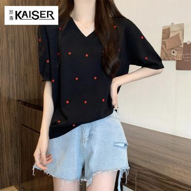 凯撒KAISER 爱心刺绣冰丝针织短袖T恤女夏季2024新款韩版版女士短袖女A2559
