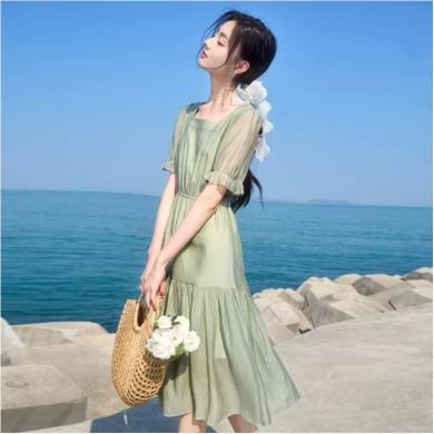 欧丝璐 方领连衣裙女夏装新款法式收腰泡泡袖莱赛尔天丝绿色裙子AJ5091