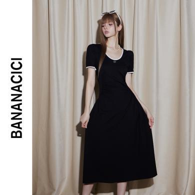 BANANA CICI2024年夏季新款辣妹风收腰小黑裙弹力针织短袖连衣裙C242LY851