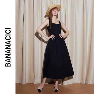 BANANA CICI2024年夏季新款法式方领长款小黑裙无袖A字吊带连衣裙C242LY789