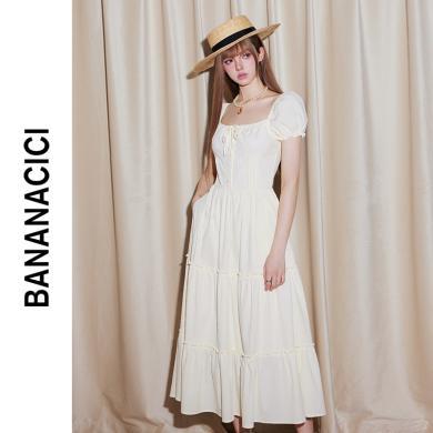 BANANA CICI2024年夏季新款法式复古大方领泡泡袖长款短袖连衣裙C242LY775