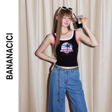 BANANA CICI2024年夏季新款原创立体毛线绣花撞色针织背心上衣C242BX850