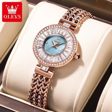 欧利时(OLEVS)瑞士品牌手表女士镶钻贝壳面新款石英表女防水小众ing风金网带轻奢时尚腕表