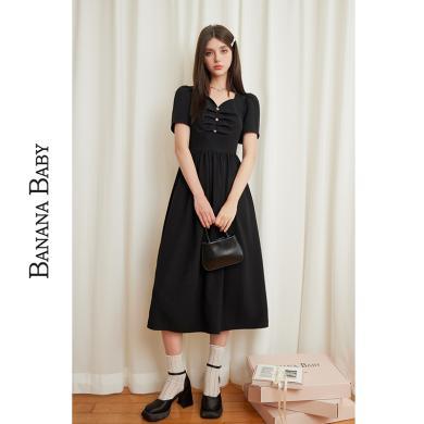 BANANA BABY2024夏季新款法式赫本风黑色连衣裙女高腰显瘦中长裙D242LY895