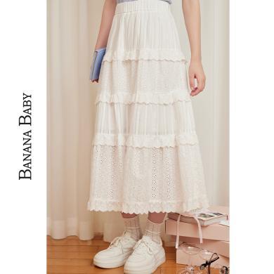 BANANA BABY2024年夏季新款白色蕾丝蛋糕裙女高腰镂空拼接中长裙D242QZ915