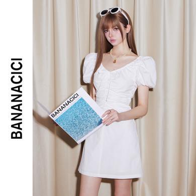 BANANA CICI2024年夏季新款法式气质系带V领短款A字短袖连衣裙C242LY803