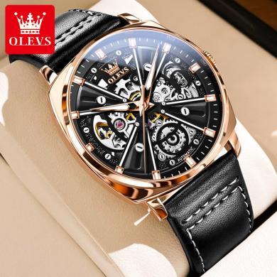 欧利时(OLEVS)手表瑞士品牌男士镂空透视全机械表男防水夜光真皮表时尚腕表
