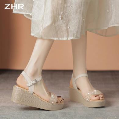 ZHR坡跟凉鞋女款外穿夏季新款厚底一字带凉拖鞋精致高跟沙滩女鞋M582M