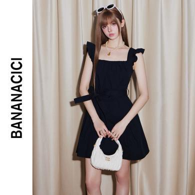 BANANA CICI2024年夏季新款法式复古荷叶袖娃娃裙系带A字连衣裙   预售 下单后6天内发货